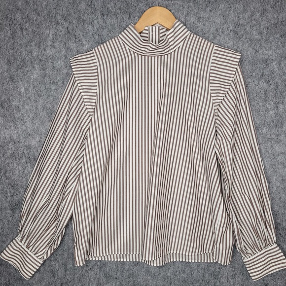 New Everlane Long Sleeve Shirt Top The Wing-Shoulder Mockneck 6 Brown Striped - Picture 2 of 10